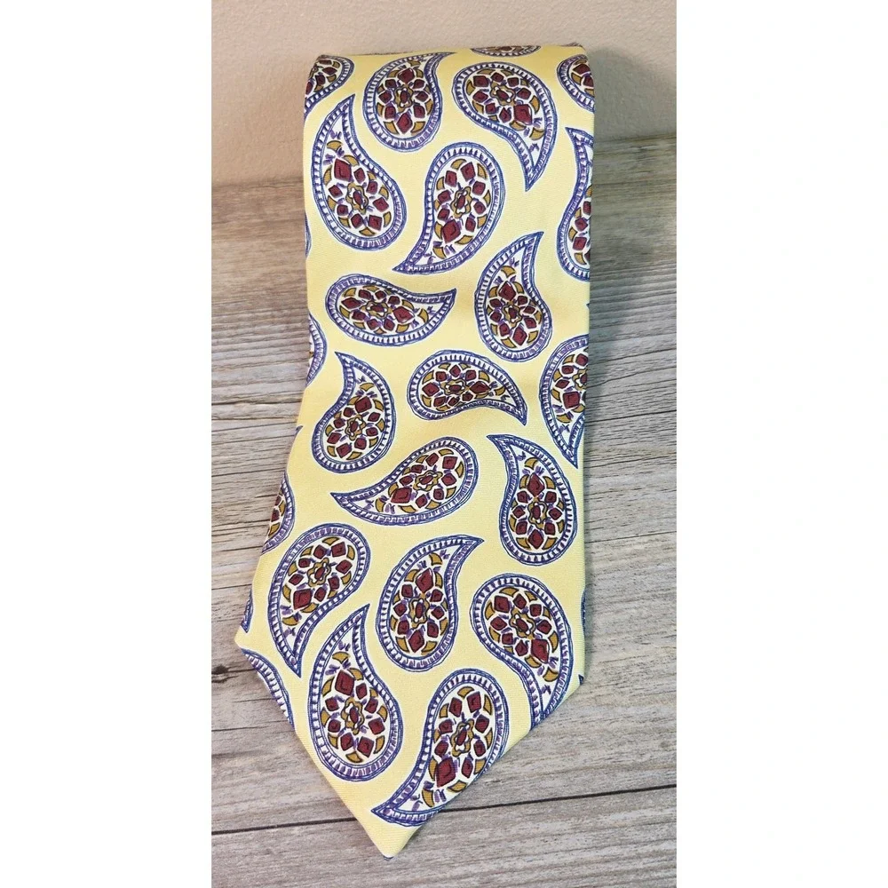 Lands End Mens Silk Tie‎ Yellow Paisley Purple Red Handsewn USA Classic Business