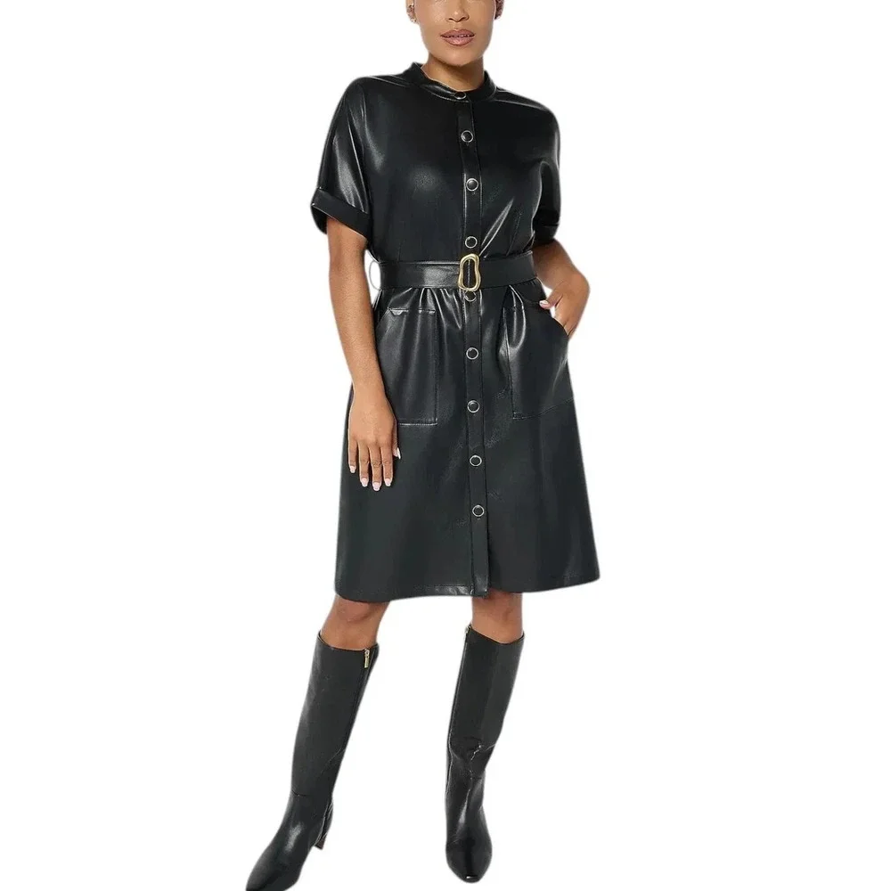 Susan Graver Women's Faux Leather Button Front Dress Black Sz MP NWOT - Citycore