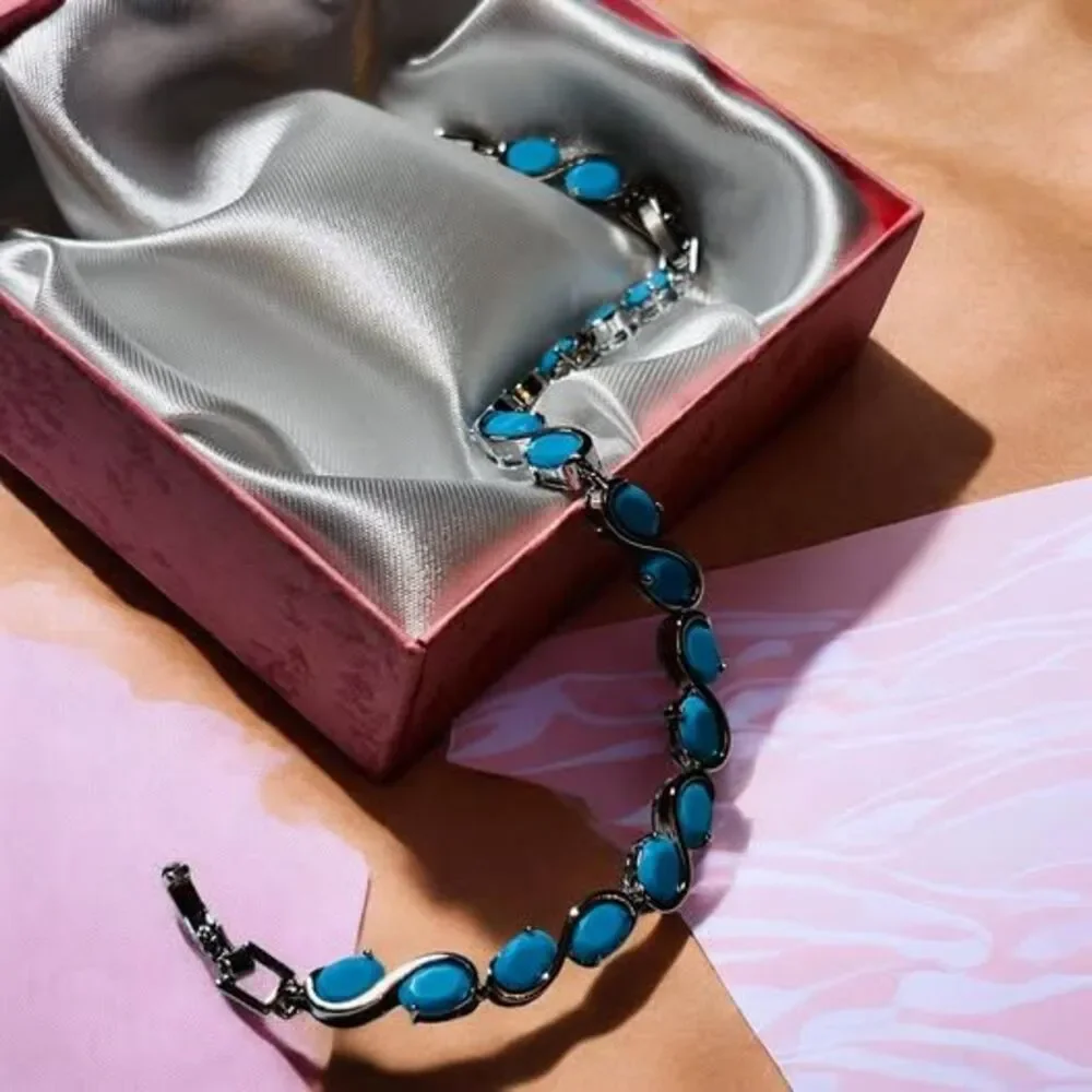 🎁🎁Free Shipping!! Vintage Style Silver Simulated Turquoise Wave Tennis Bracele