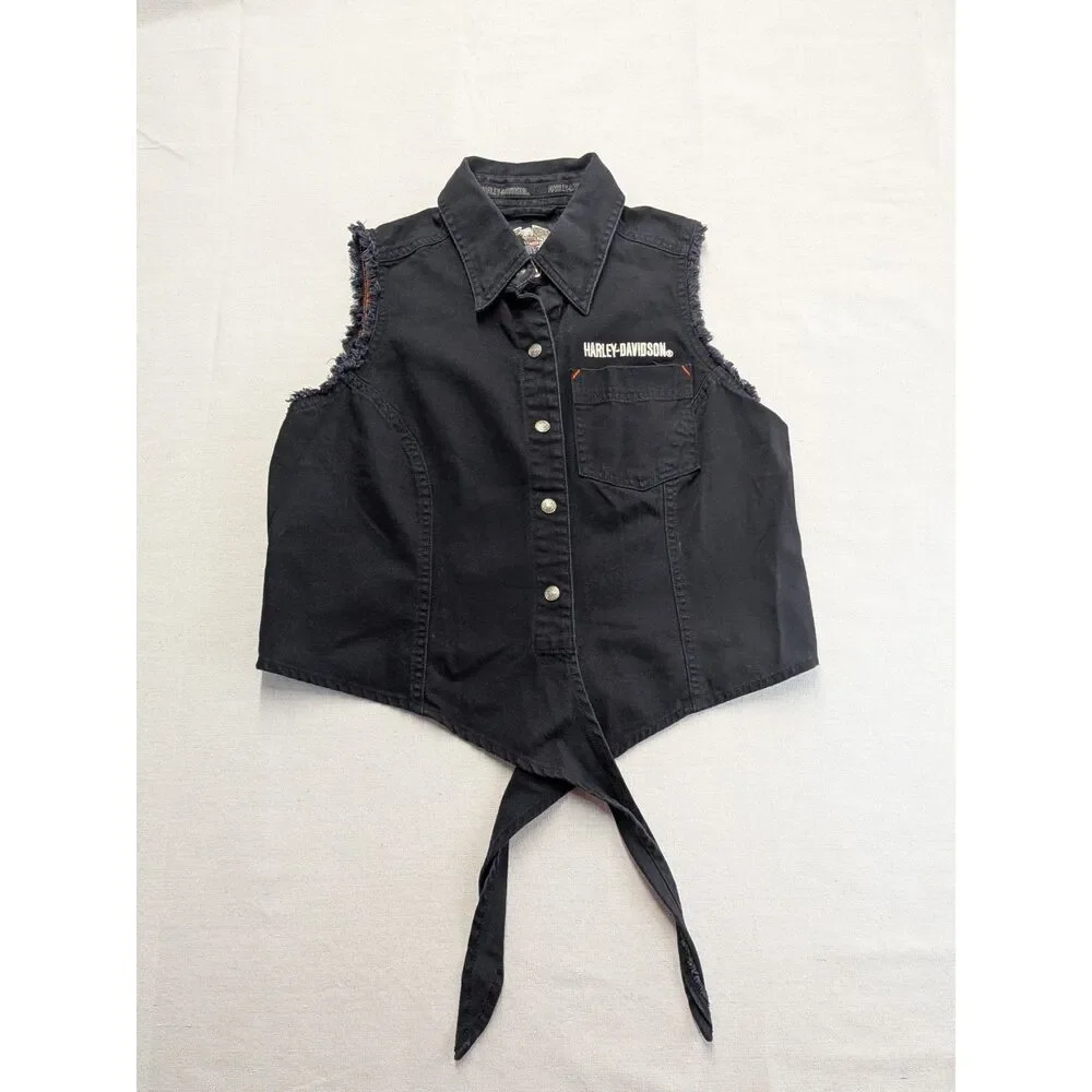 Y2K Biker Grunge Women S Harley Davidson Eagle Tie Front Moto Vest 90s