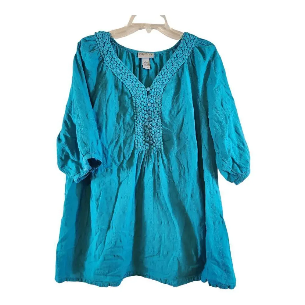 Catherine's women's sz 1X 18/20 cotton tunic blouse teal‎ 3/4 sleeve