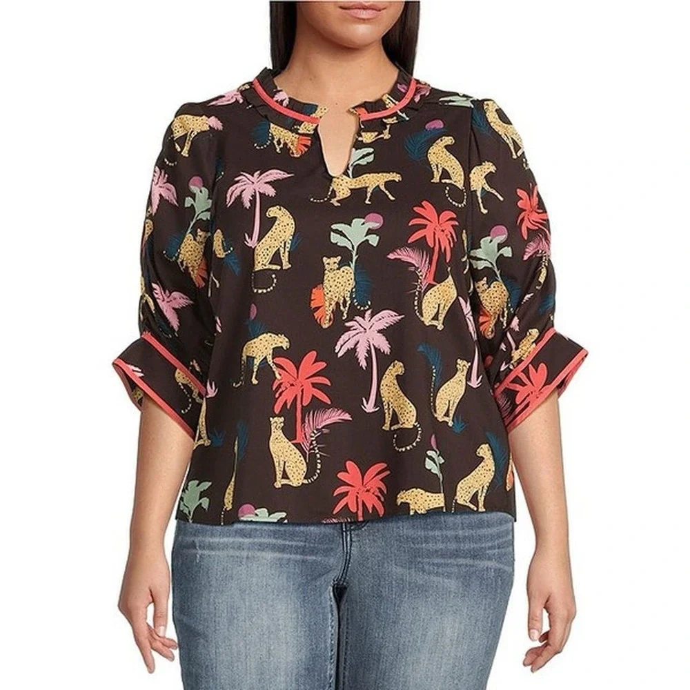 Democracy Plus Size 3/4 Sleeve Relaxed Top Boxy 2x‎ Whimsical Tropical Safari