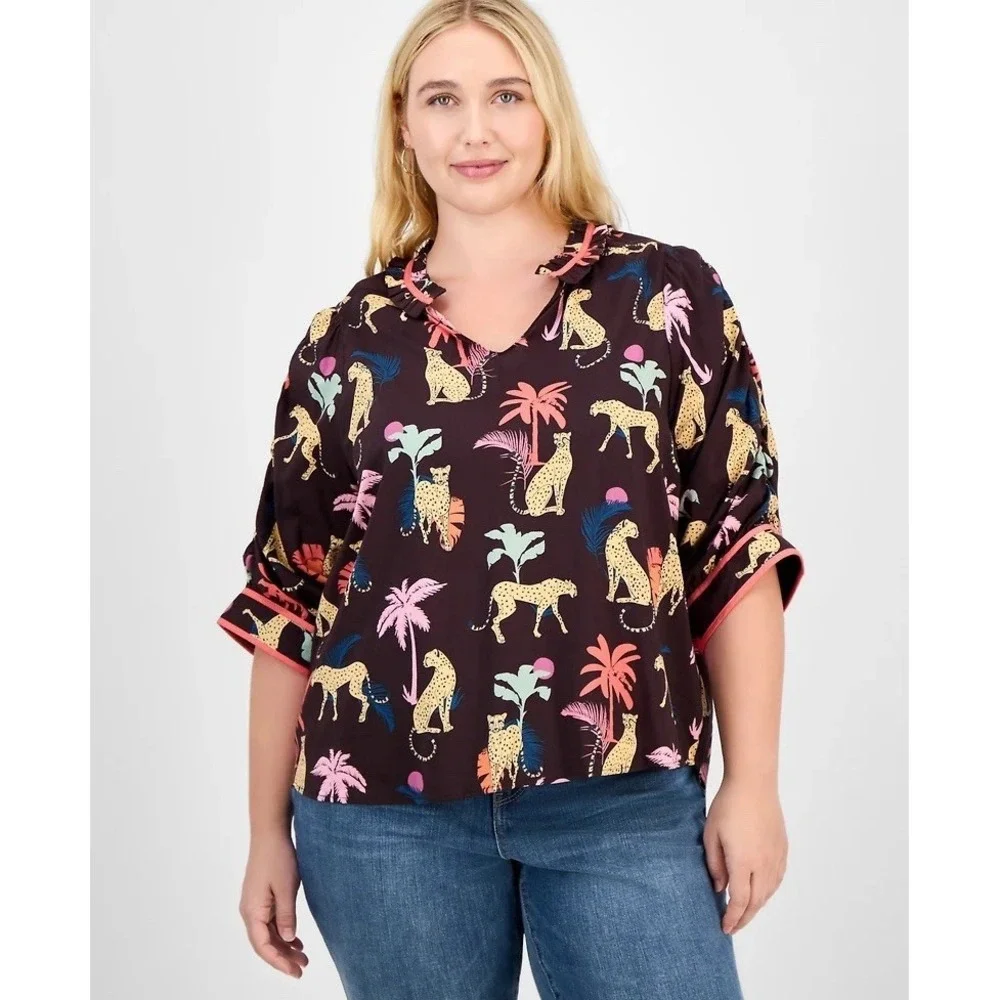 Democracy Plus Size 3/4 Sleeve Relaxed Top Boxy 2x‎ Whimsical Tropical Safari