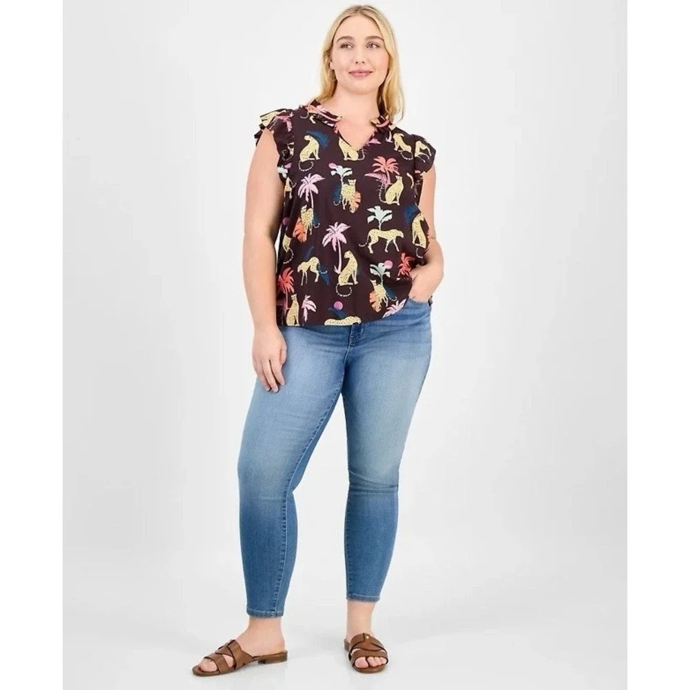 Democracy Plus Size 3/4 Sleeve Relaxed Top Boxy 2x‎ Whimsical Tropical Safari
