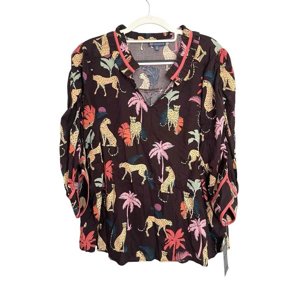 Democracy Plus Size 3/4 Sleeve Relaxed Top Boxy 2x‎ Whimsical Tropical Safari