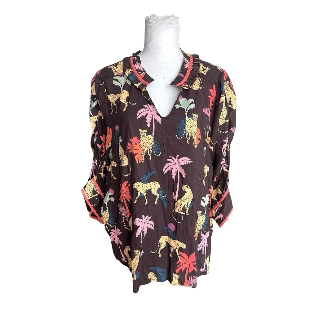 Democracy Plus Size 3/4 Sleeve Relaxed Top Boxy 2x‎ Whimsical Tropical Safari