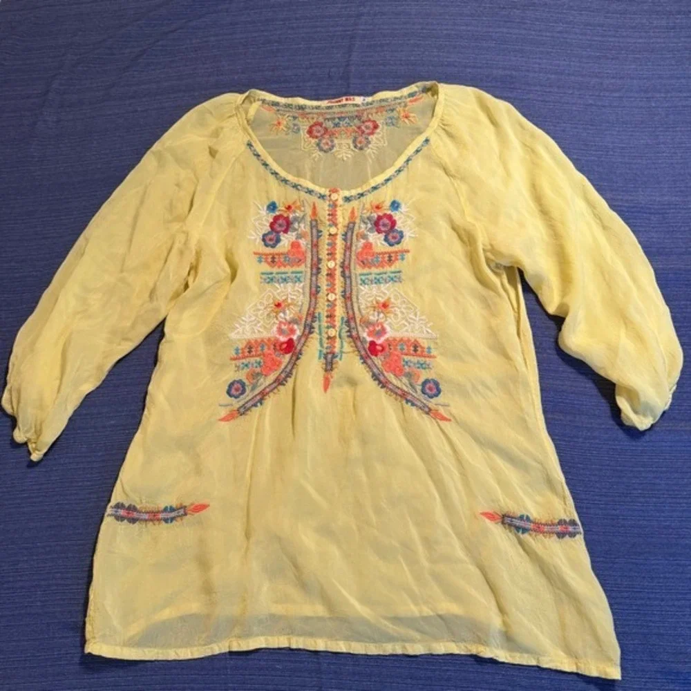 Johnny‎ Was Yellow Embroidered Cupra Rayon Tunic Blouse C82753 Womens Medium