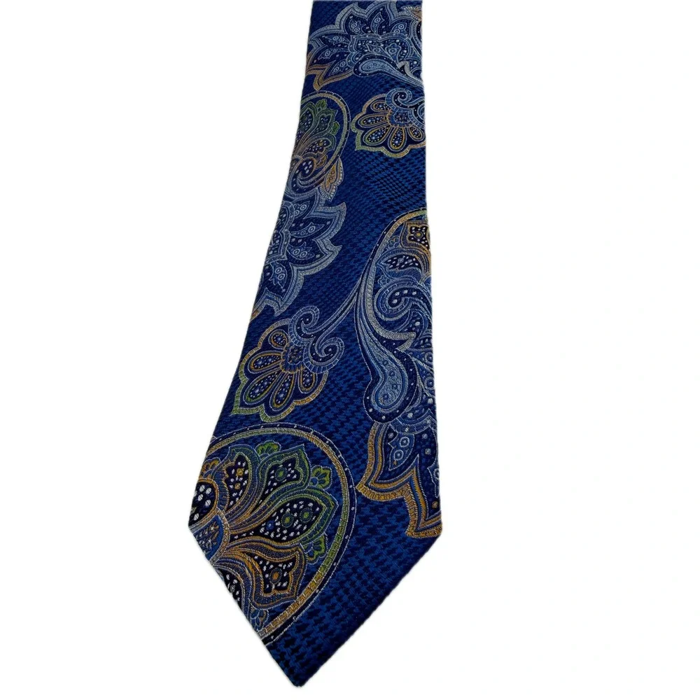 Joseph Abboud Mens Silk Necktie Blue‎ Gold Paisley Floral Pattern Formal Tie