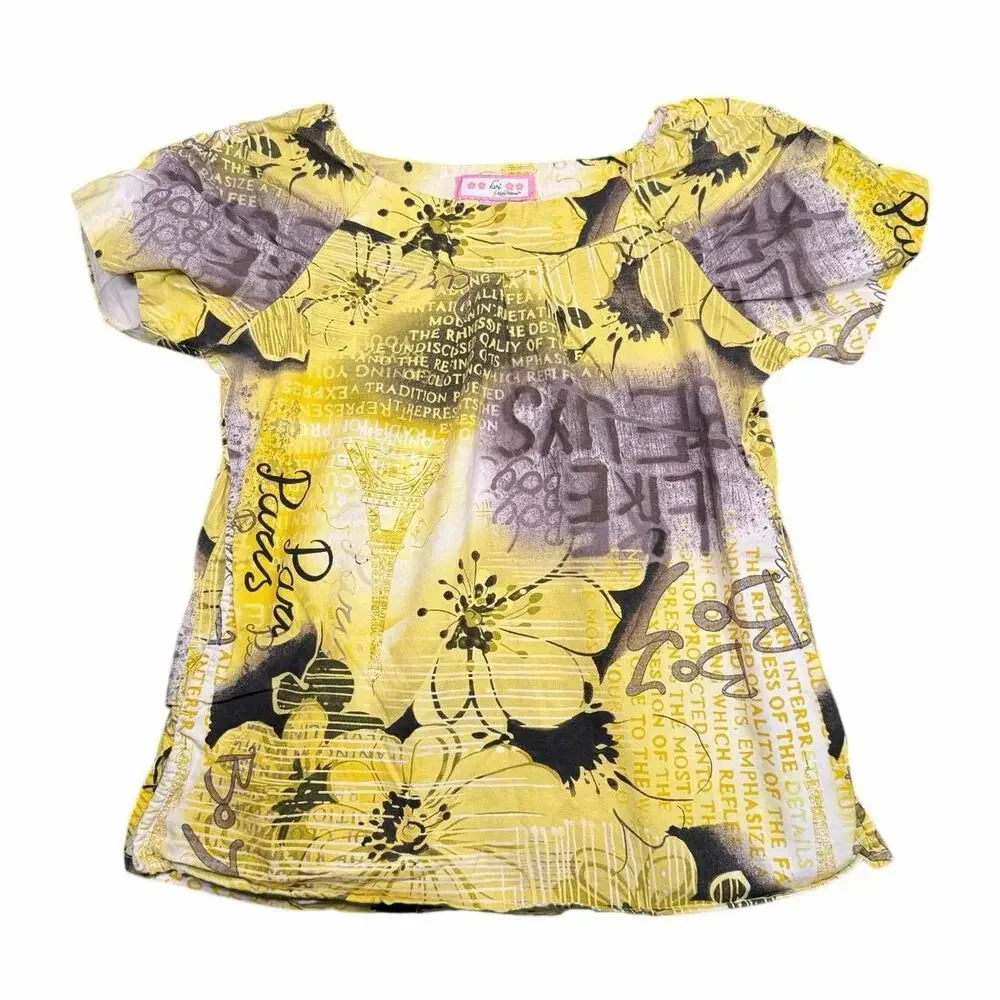 Koi by Kathy Peterson Yellow Y2K Abstract Floral Paris Graphic‎ Blouse XS
