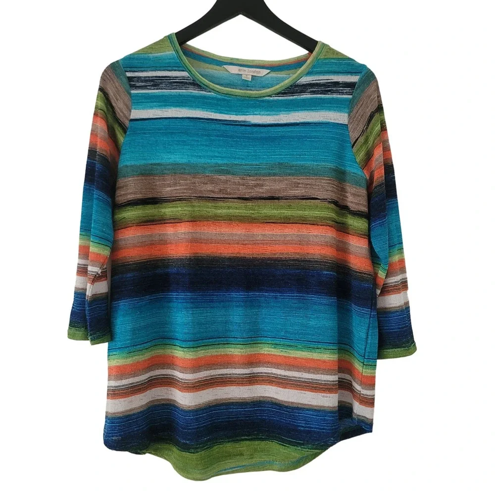 Erin London Top Multicolor Striped 3/4 Sleeve Crew Neck‎ Pullover Boho S