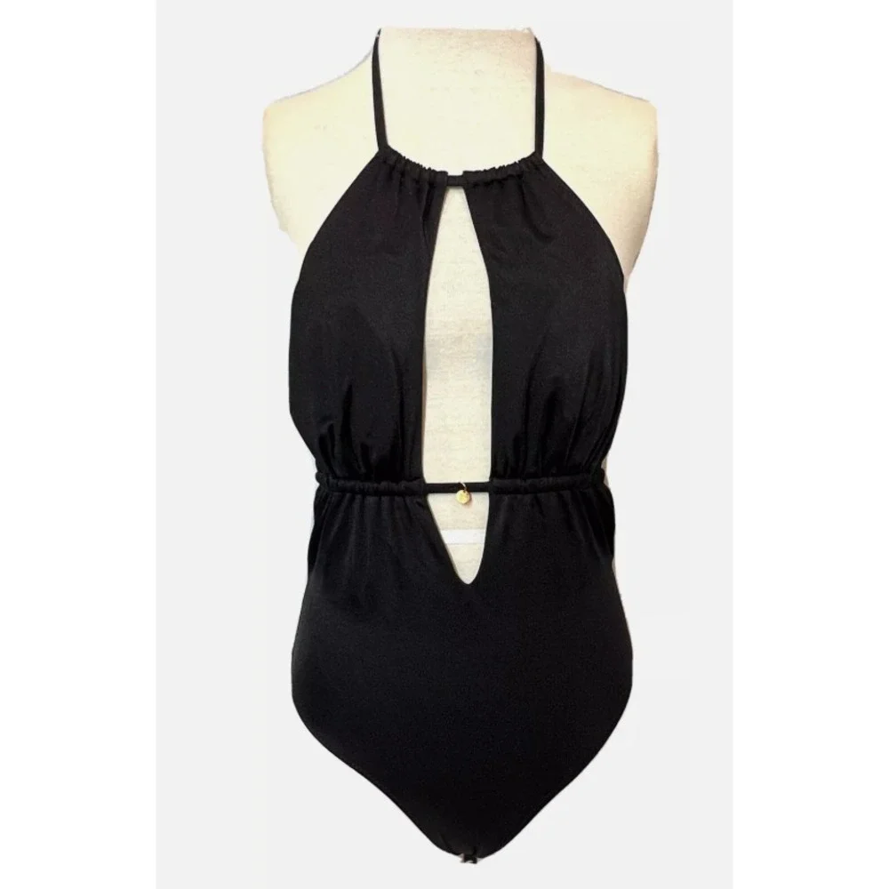 Victoria's Secret One Piece Swimsuit ‎ Black Beach Halter Front Keyhole Large