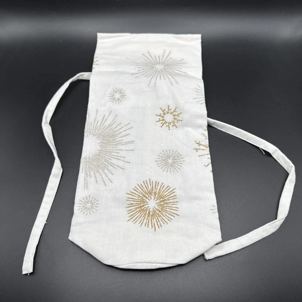 Pottery Barn Linen‎ Gift Bag Wine Bottle Starburst Sunburst Metallic Embroidered