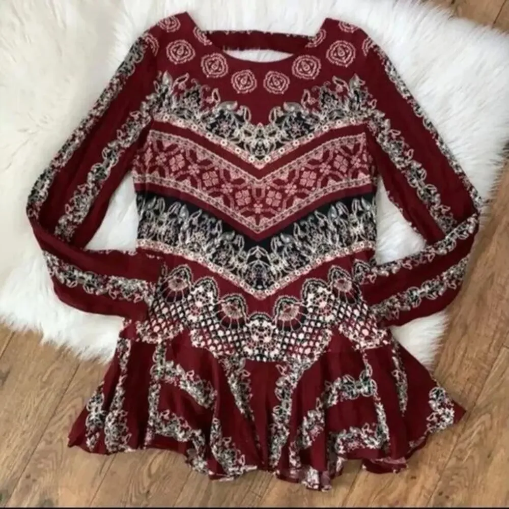 Free People‎ Smooth Talker Tunic Dress Maroon Open Back Flouncy Medium