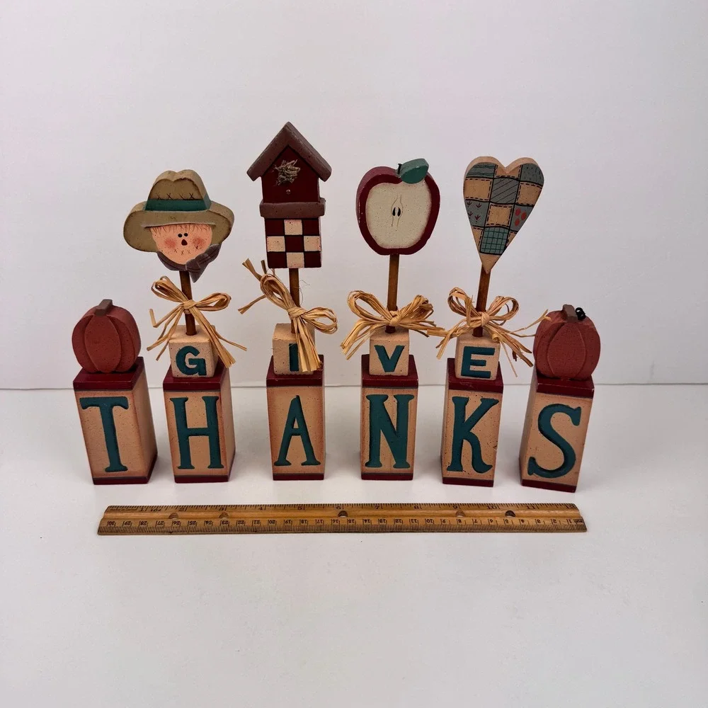 Vtg Wooden Give Thanks Block‎ Shelf Sitter Autumn Fall Cottagecore Grandmacore