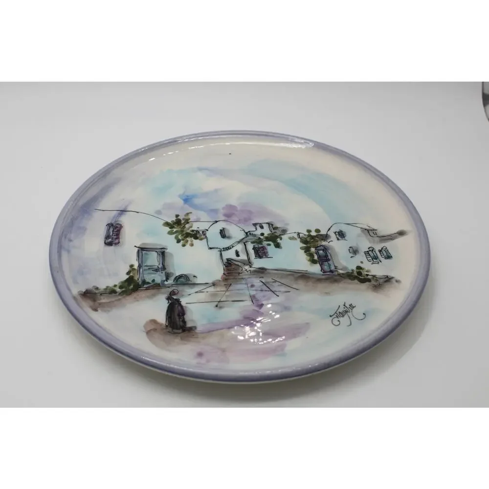 Vtg‎ Signed Hand Painted Water Color Greece Scene Glazed Ceramic Plate Decor