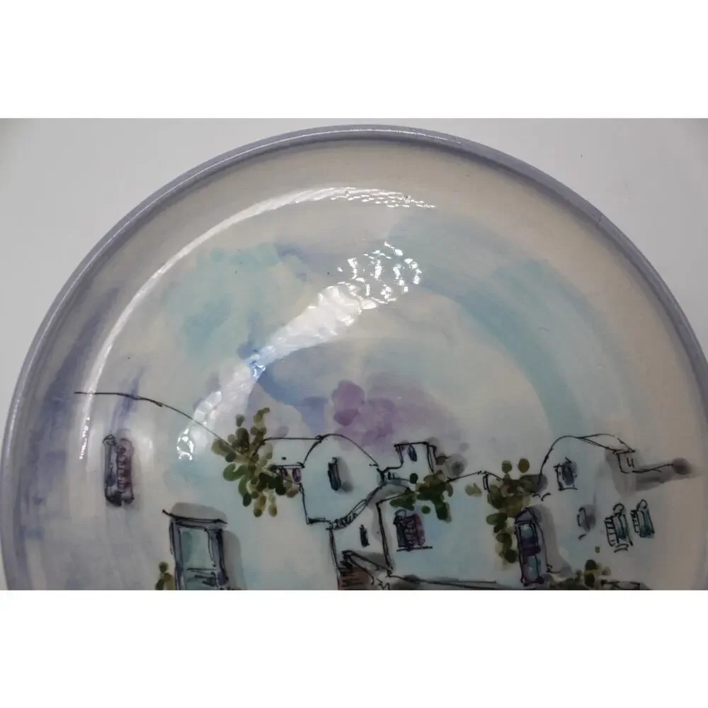 Vtg‎ Signed Hand Painted Water Color Greece Scene Glazed Ceramic Plate Decor