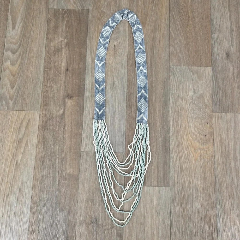 Beaded Waterfall Necklace‎ Grey White Green Multi Strand Statement Boho