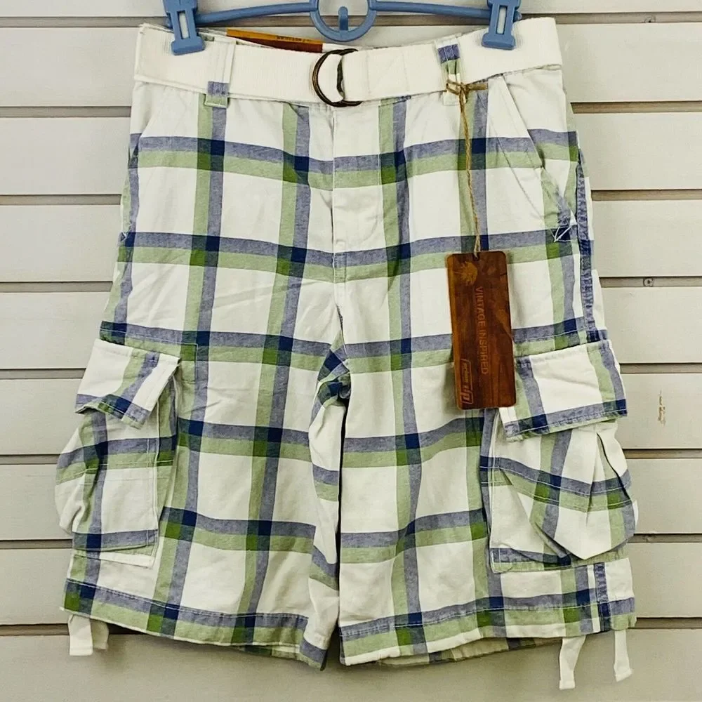 Youth Boys 16 Urban Pipeline Cargo Shorts Plaid Blue Green Belt 11